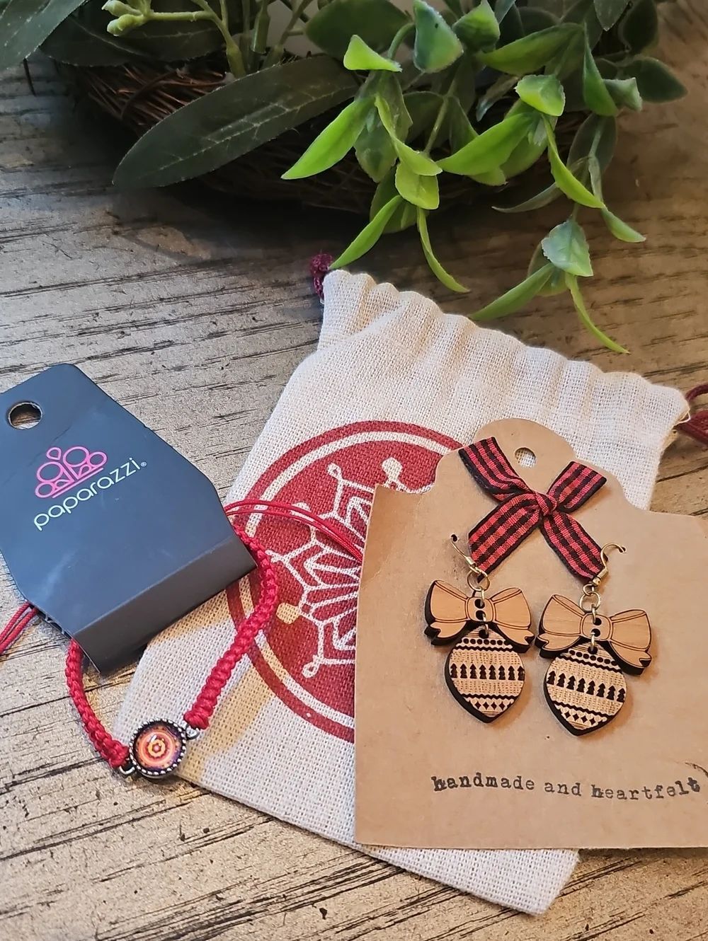 Paparazzi Red Braided Kids Bracelet & Pink Wooden Bow Earrings Set NWT